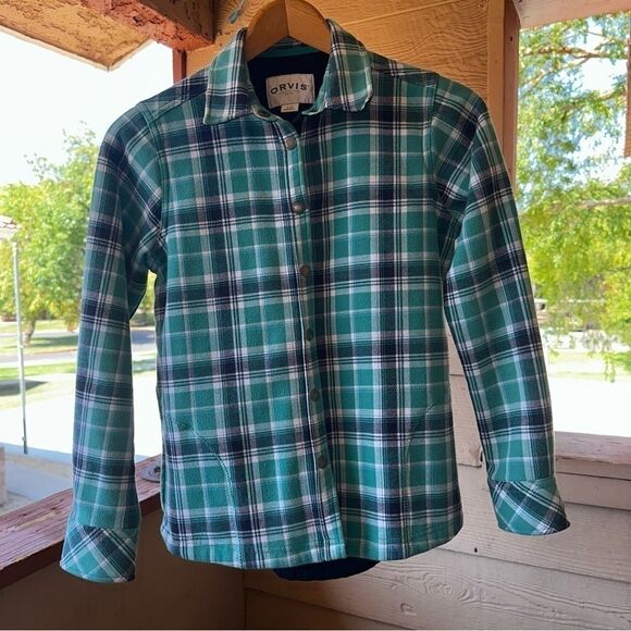 Orvis Fleece Lined Plaid Flannel Shirt Jacket Sea Glass Snaps Pockets sz S - Picture 2 of 8